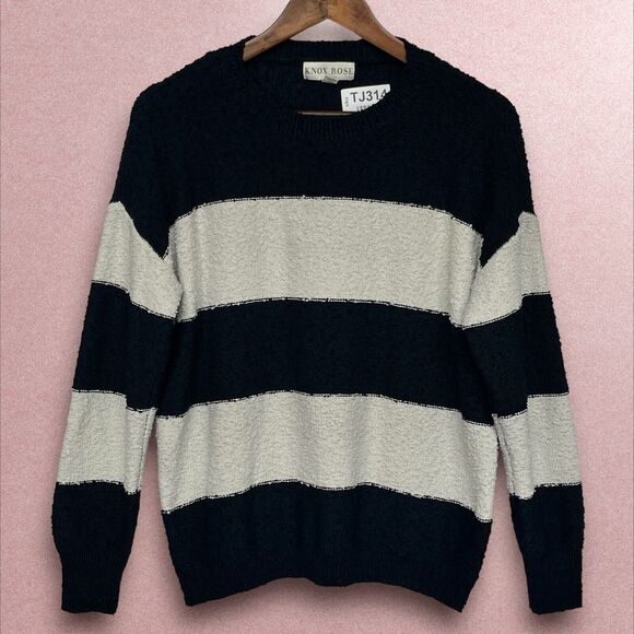 Knox Rose Pullover Sweater Women Size M‎ Black White Striped Long Sleeve - Picture 1 of 13